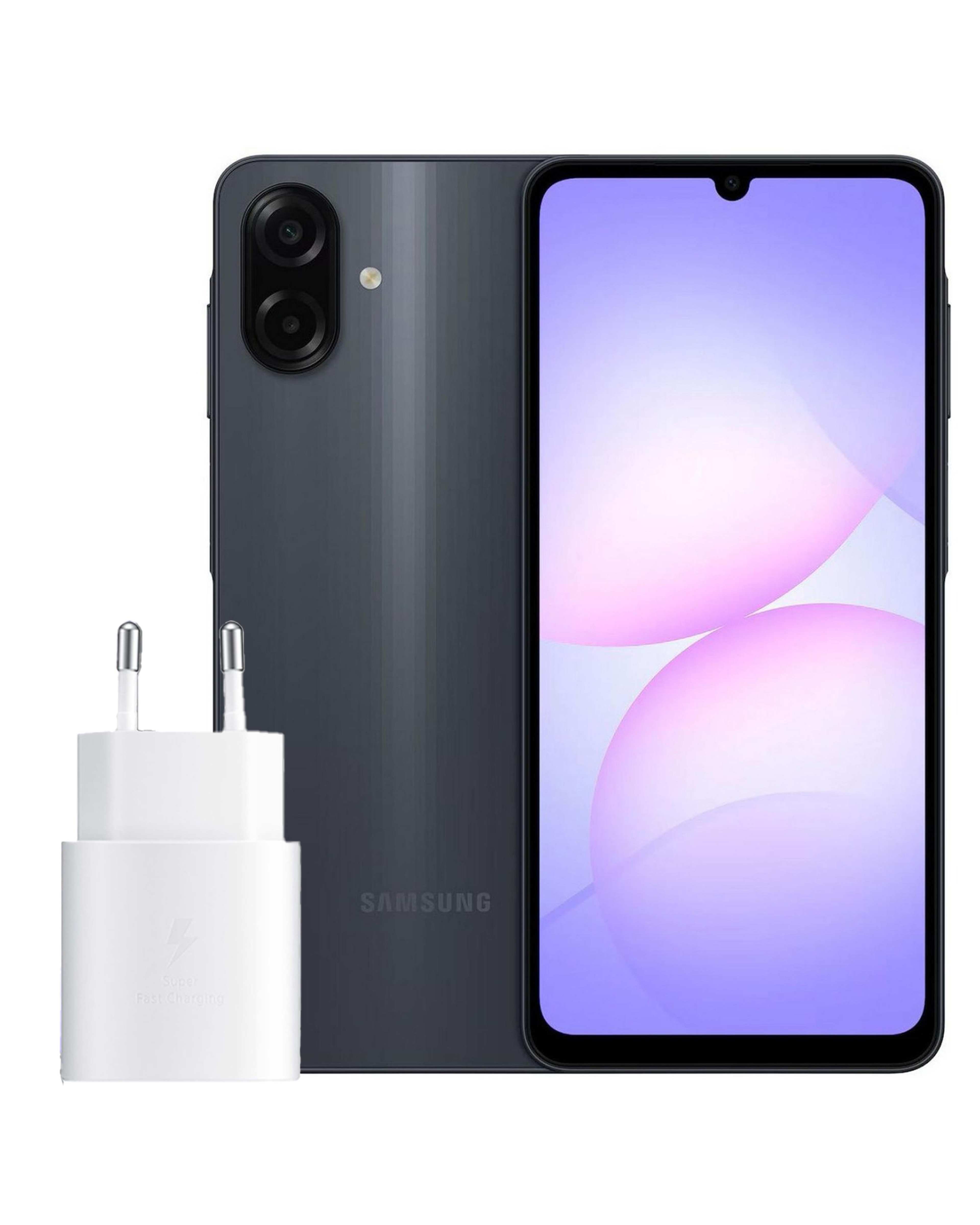 گوشی موبایل سامسونگ مدل Galaxy A07 دو سیم کارت ظرفیت 128 گیگابایت و رم 4 گیگابایت مشکی به همراه شارژر داخل جعبه