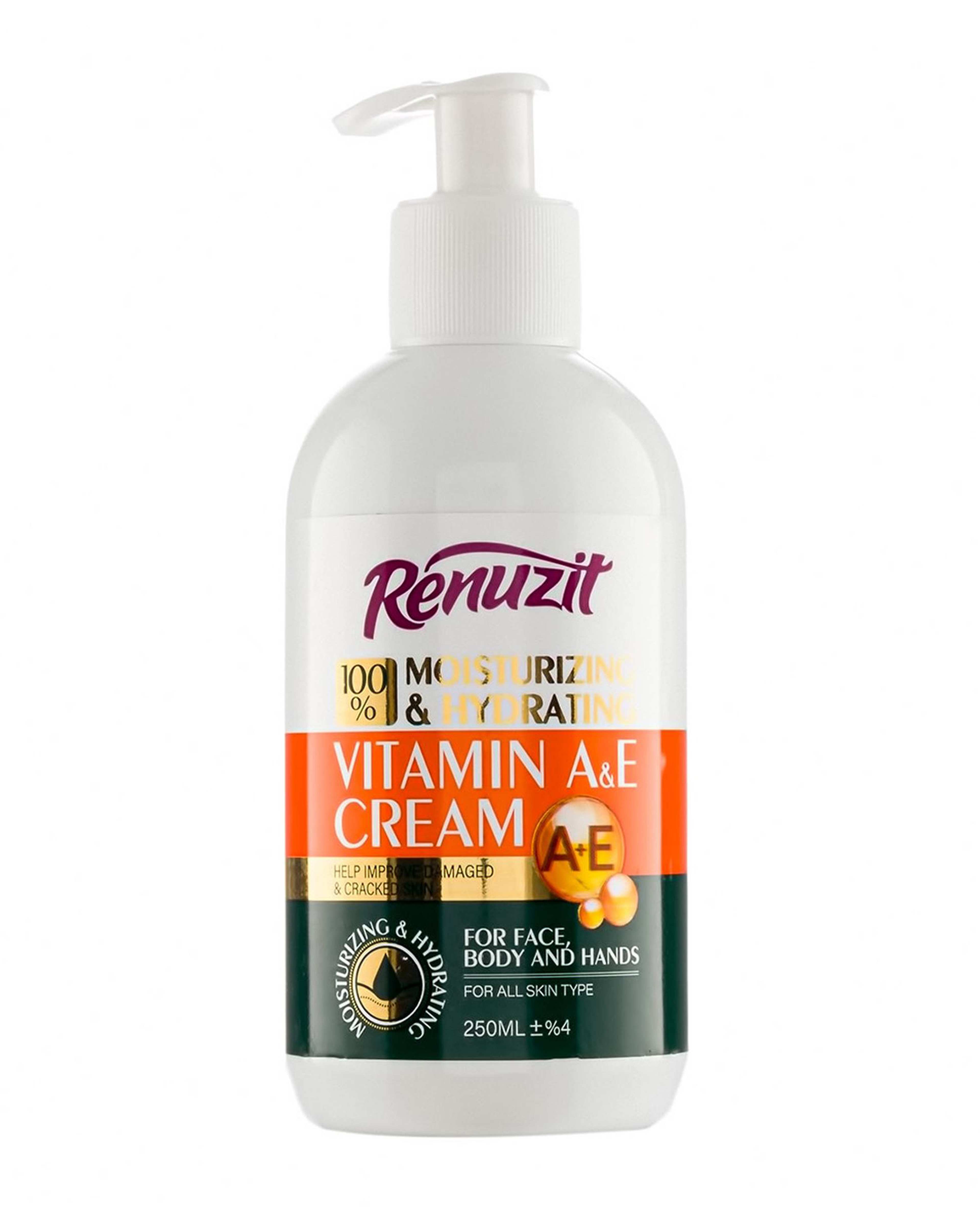 کرم مرطوب کننده و آبرسان صورت و بدن پمپی رینوزیت Renuzit حاوی ویتامین A و E حجم 250ml