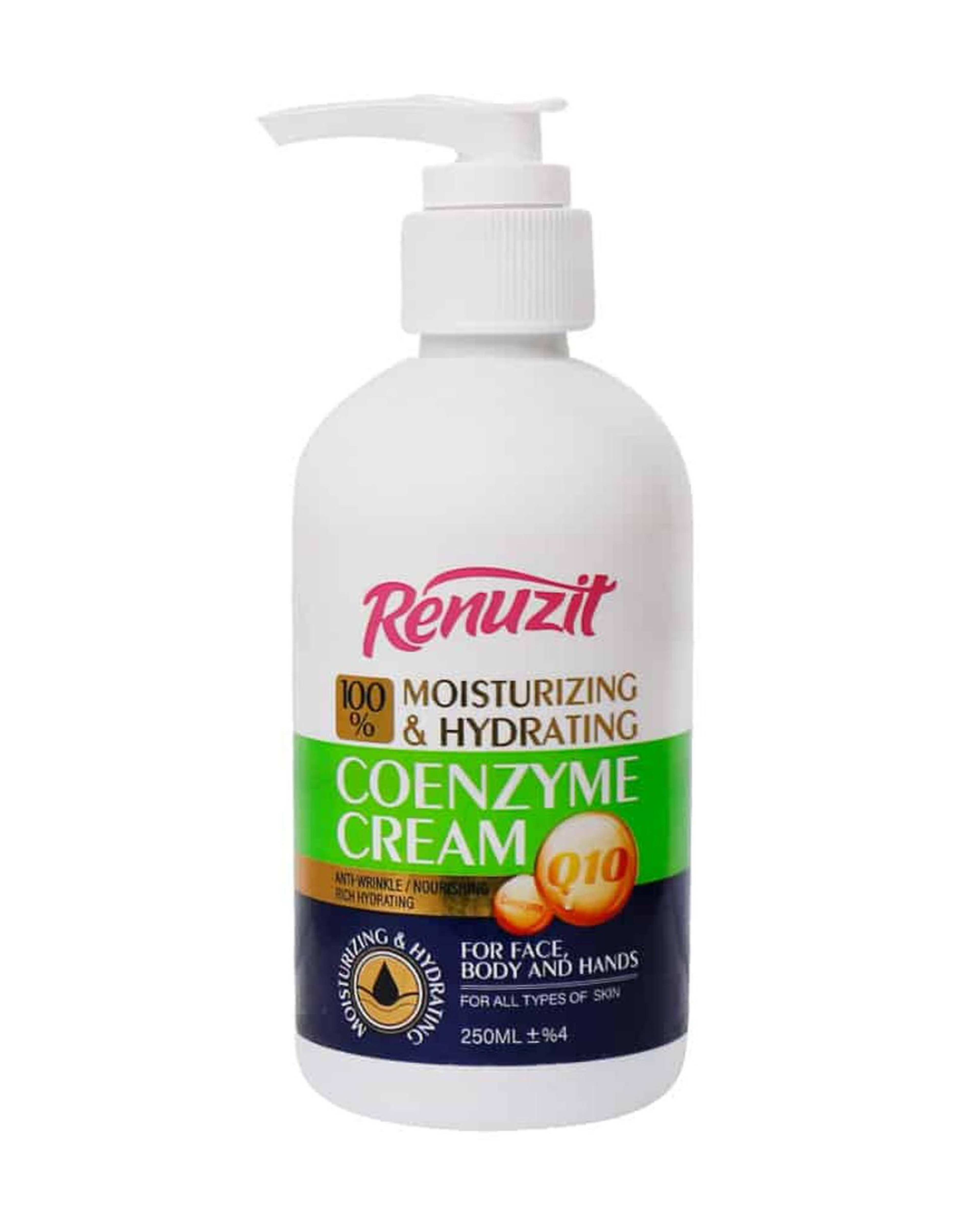 کرم مرطوب کننده و آبرسان صورت و بدن پمپی رینوزیت Renuzit حاوی کوآنزیم Q10 حجم 250ml