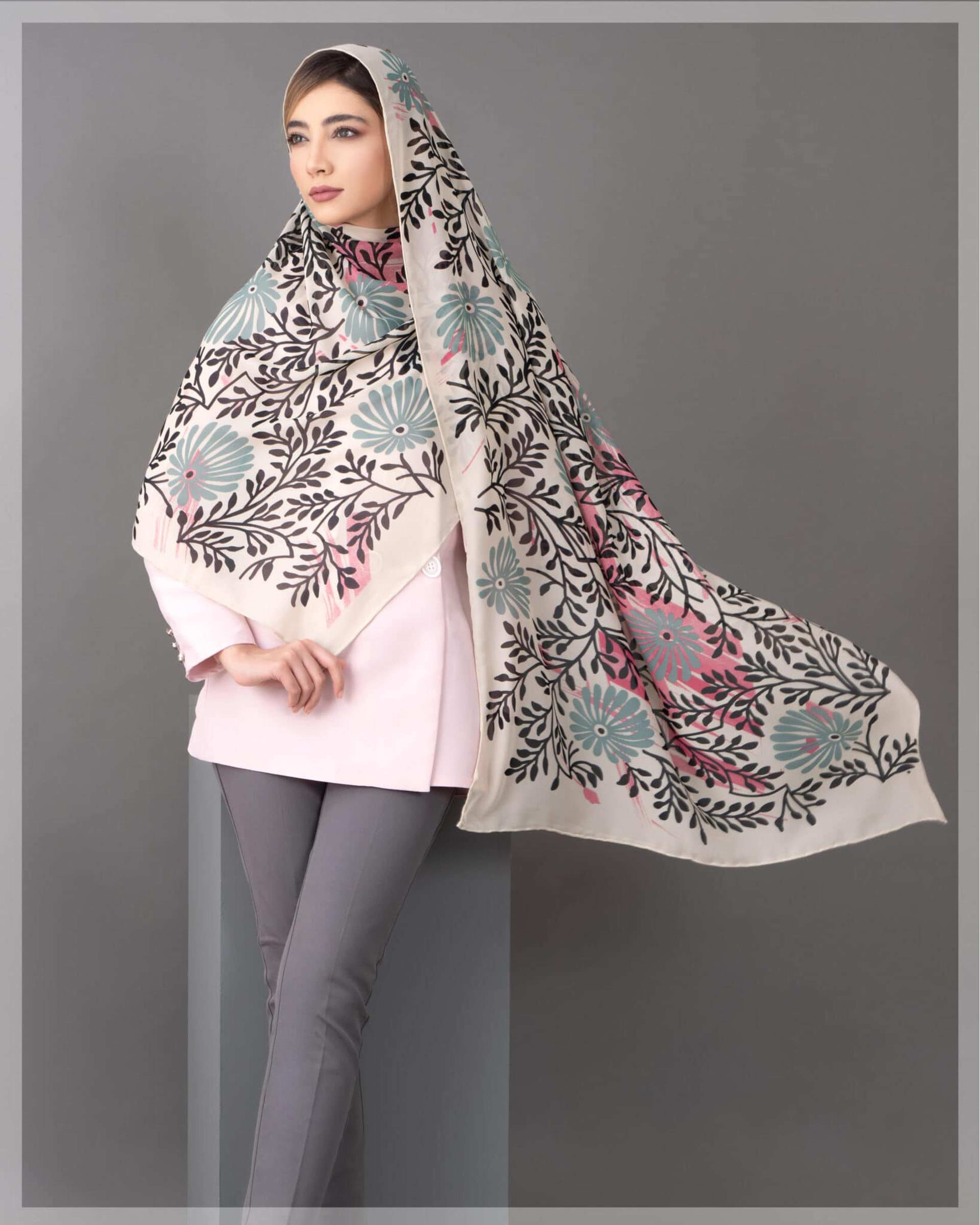شال زنانه حریر کویین کرم سبز جی دو GIDO کد 066
