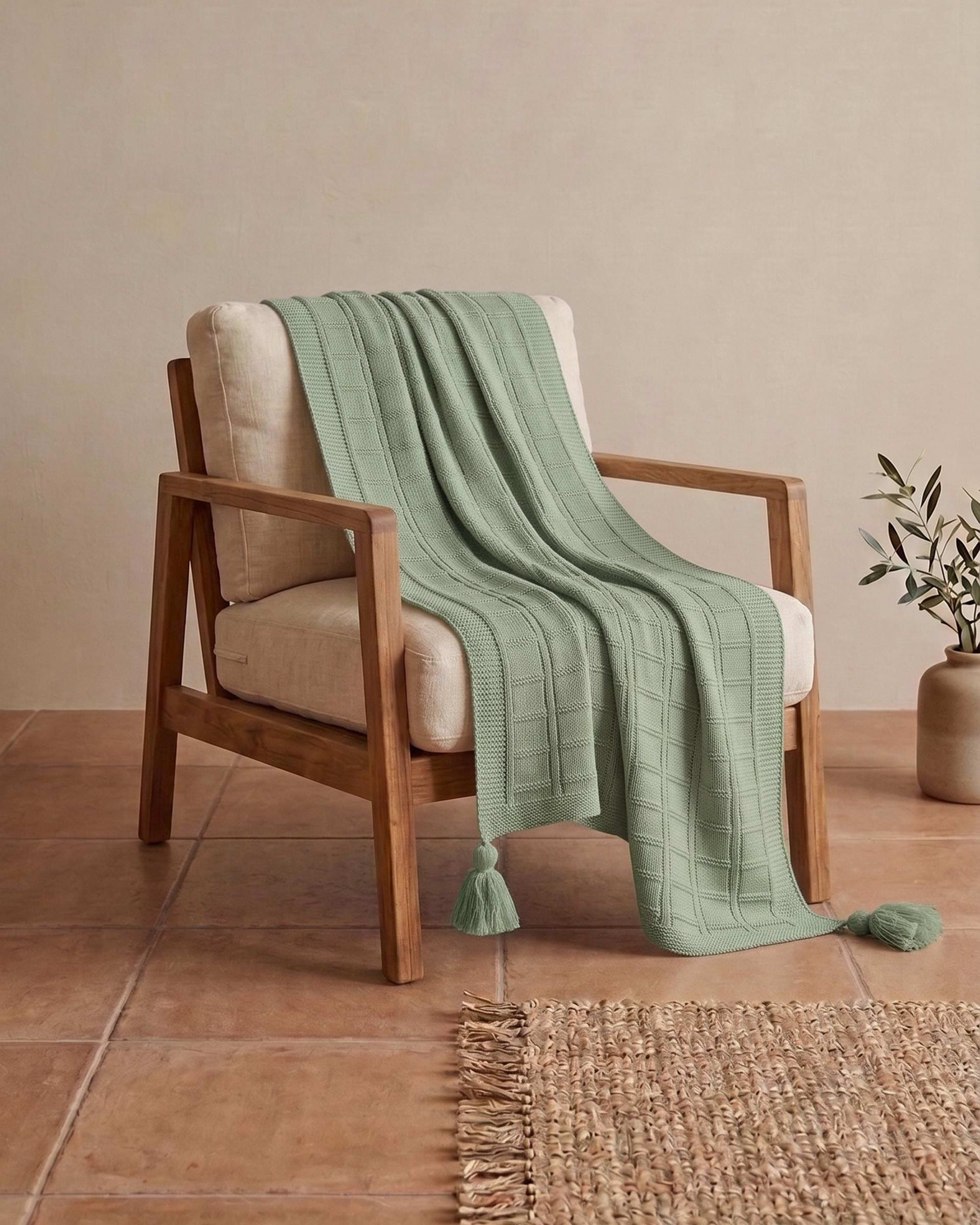 شال مبل بافتنی سایز 140×180 سانتی متر سبز طرح مربعی کد 207