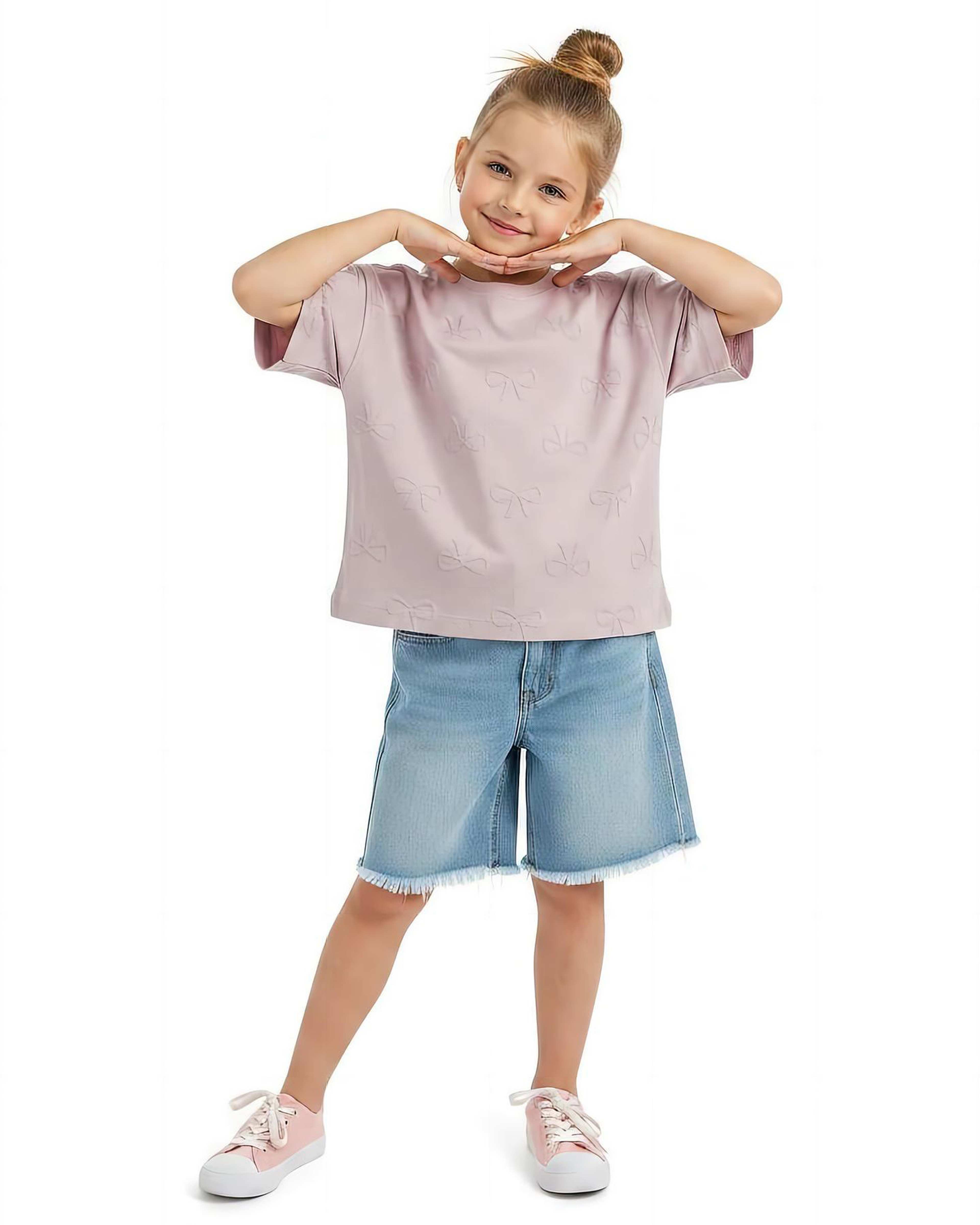 تیشرت دخترانه صورتی لئو کیدز Leo Kids طرح پاپیون برجسته کد 5877-1
