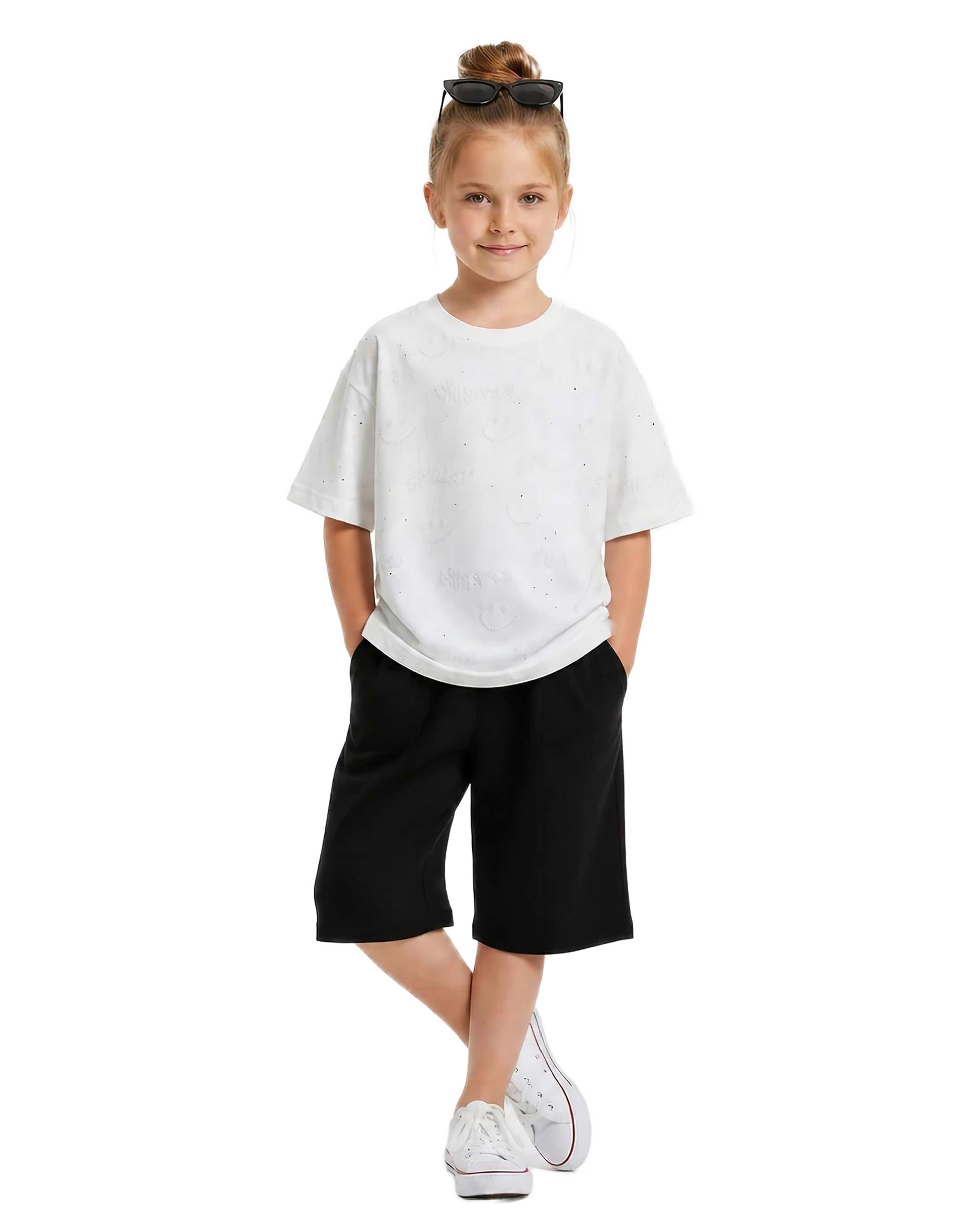 تیشرت دخترانه سفید لئو کیدز Leo Kids طرح اسمایل لیزری کد 5878-1