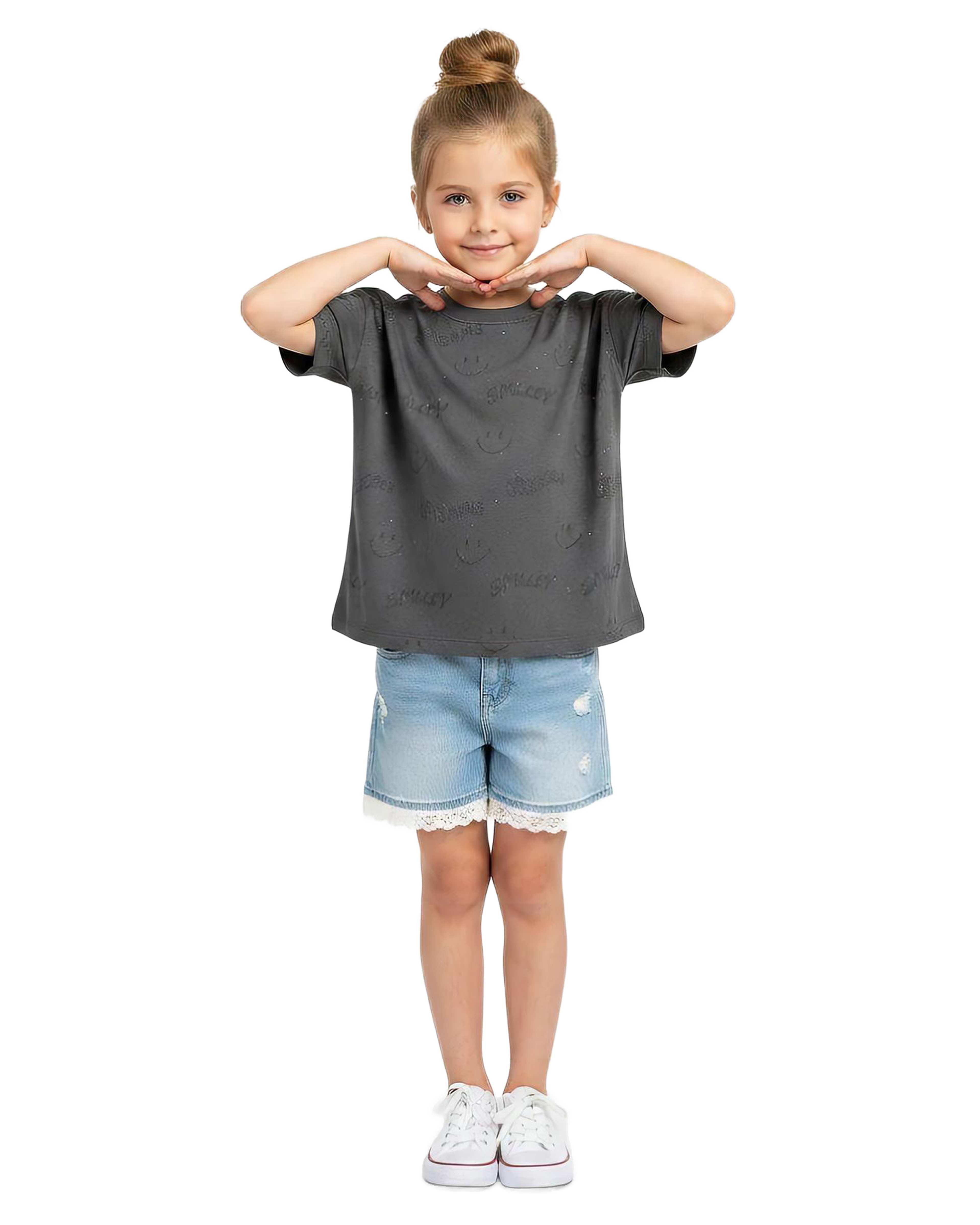 تیشرت دخترانه نوک مدادی لئو کیدز Leo Kids طرح اسمایل لیزری کد 5878-3