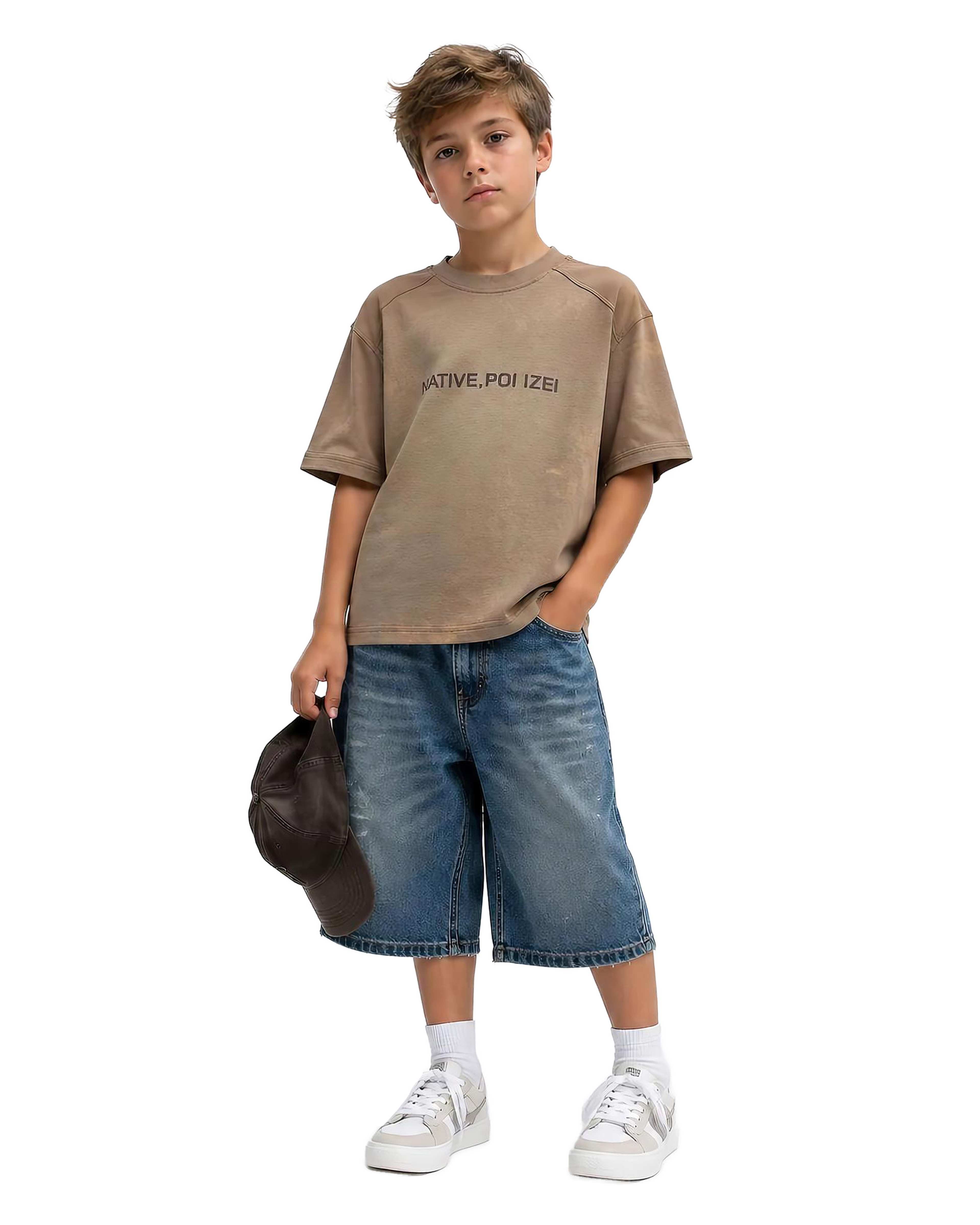 تیشرت پسرانه باکسی نسکافه ای لئو کیدز Leo Kids طرح ابر و بادی کد 5879-1