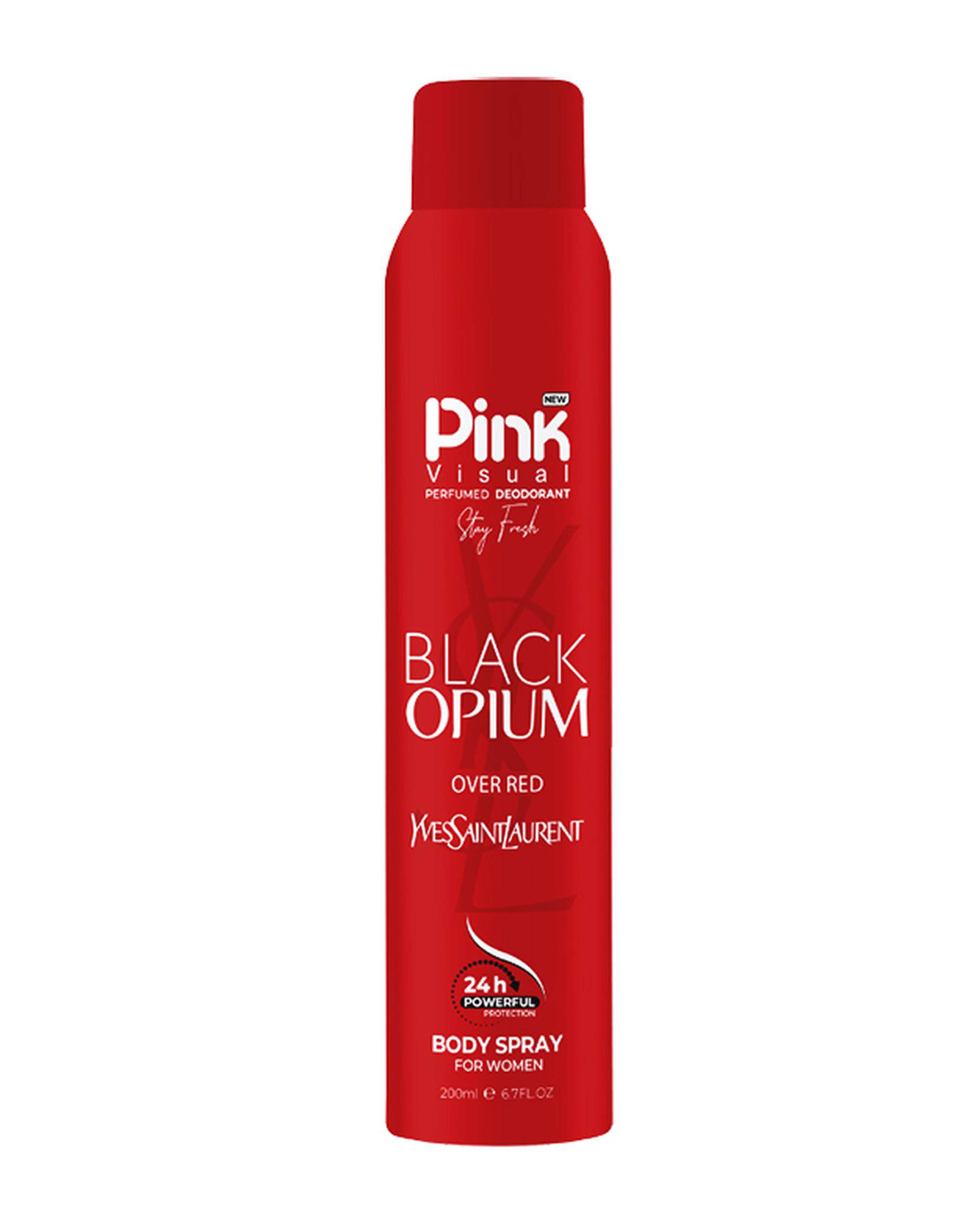 اسپری بدن زنانه پینک ویژوال Pink Visual مدل بلک اپیوم اور رد Black Opium Over Red حجم 200 میلی لیتر