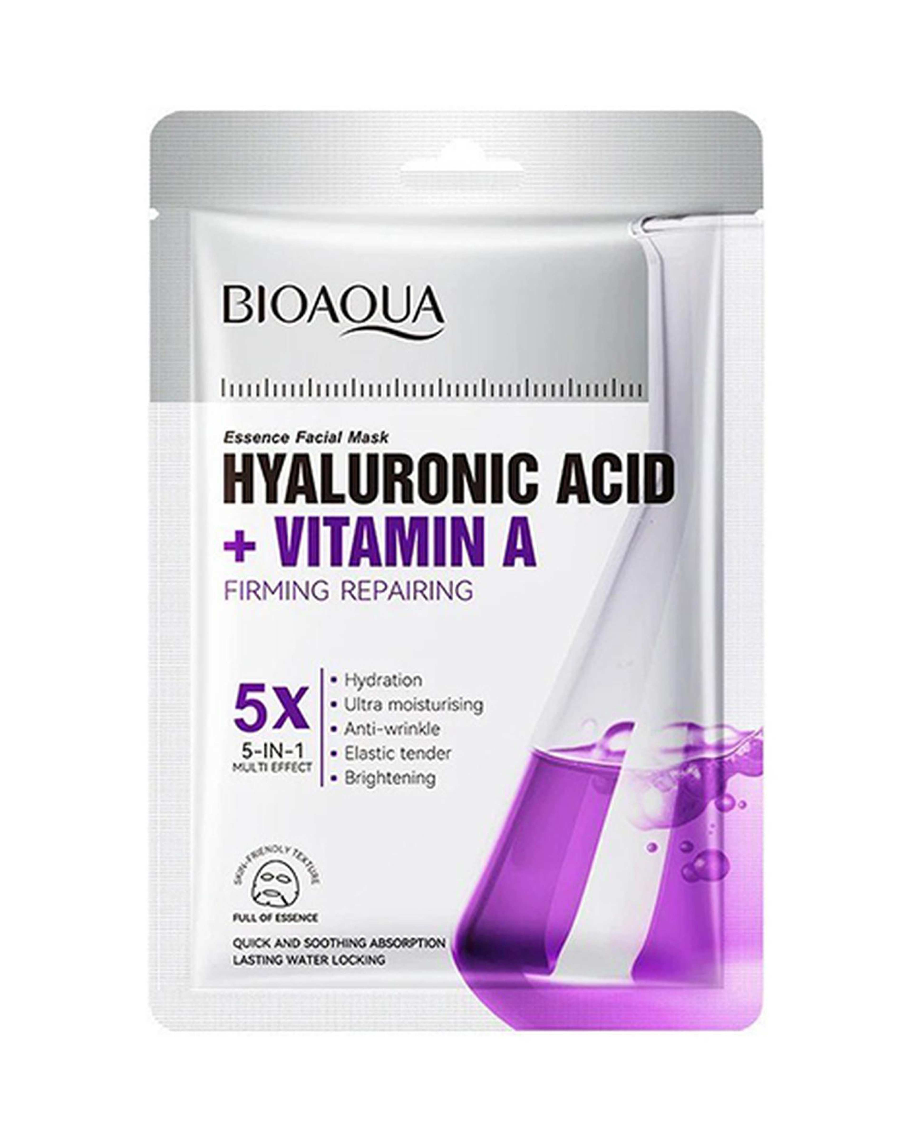 ماسک ورقه ای 5 کاره صورت بیوآکوا Bioaqua حاوی هیالورونیک اسید و ویتامین A وزن 25 گرم