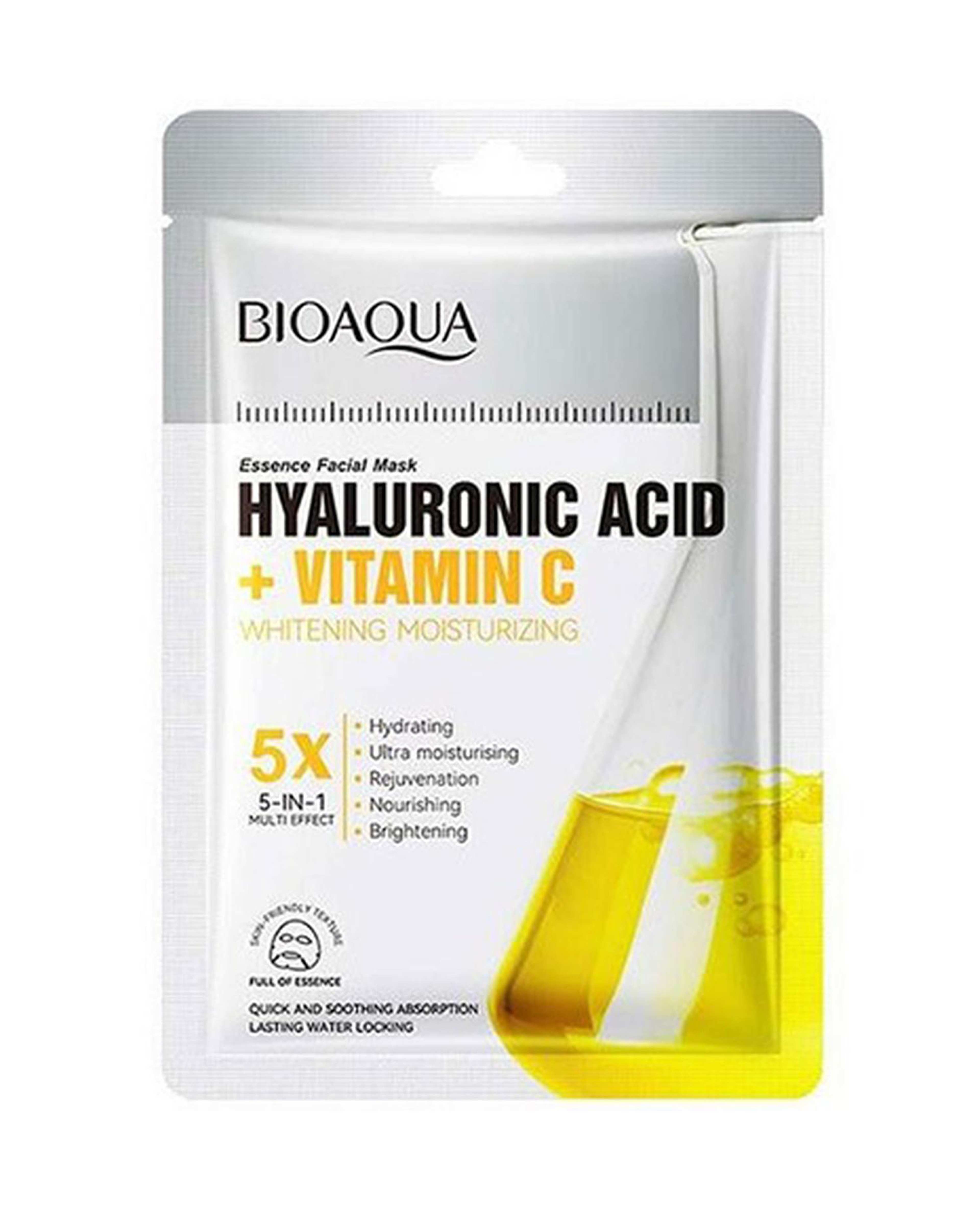 ماسک ورقه ای 5 کاره صورت بیوآکوا Bioaqua حاوی هیالورونیک اسید و ویتامین C وزن 25گرم