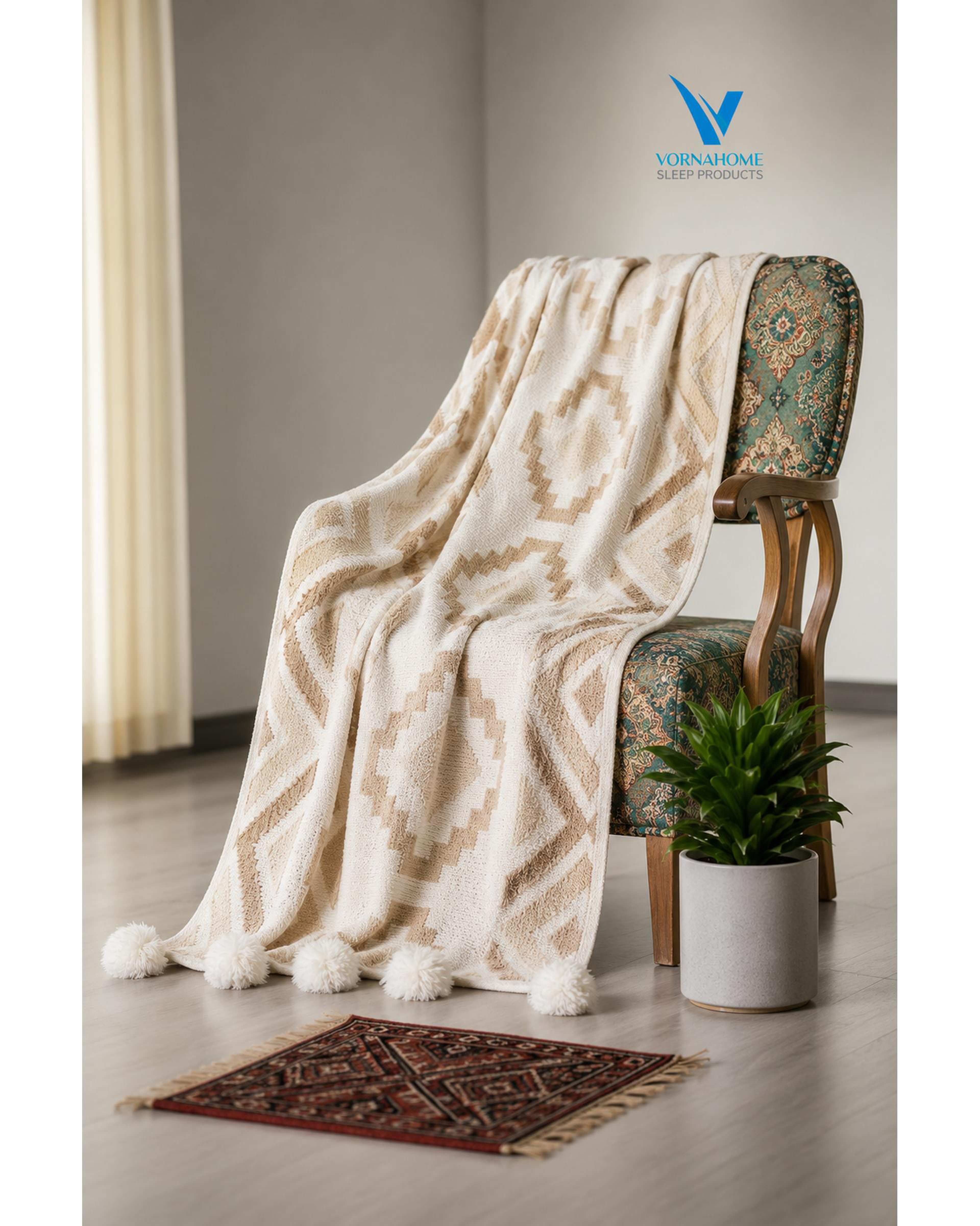 شال مبل سایز 180×140 کرم ورنا هوم Vornahome طرح پانچ