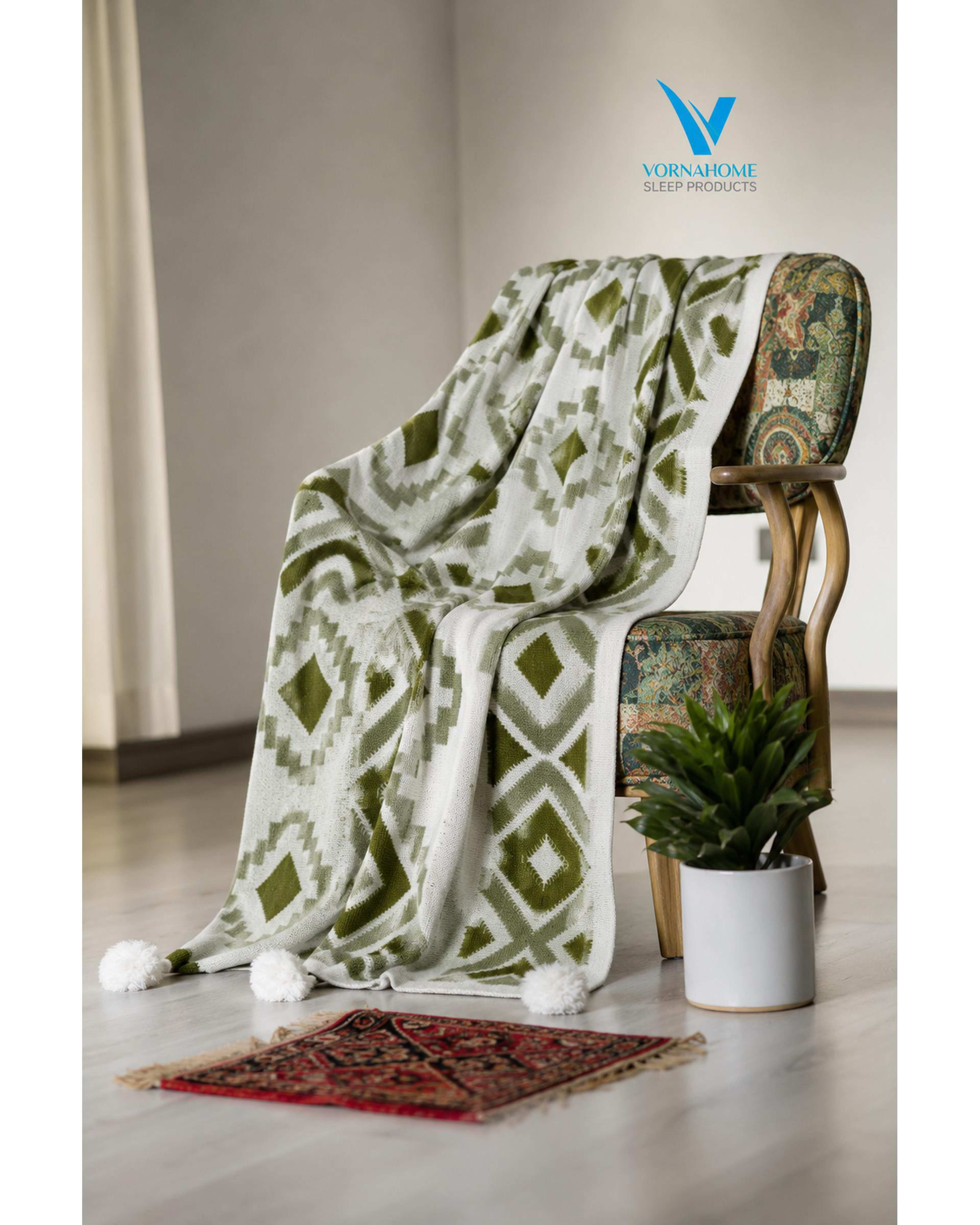 شال مبل سایز 180×140 سبز ورنا هوم Vornahome طرح پانچ