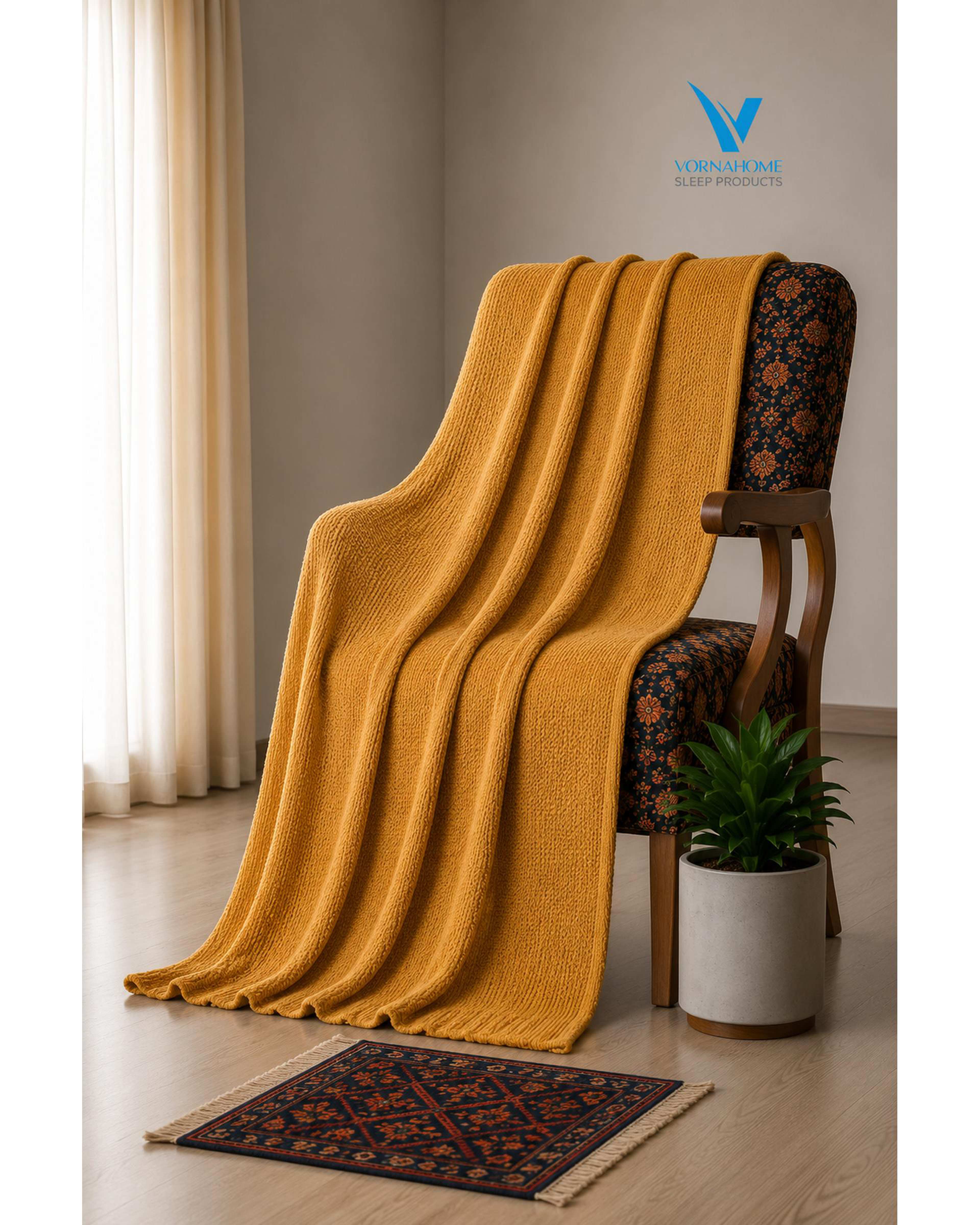 شال مبل سایز 180×140 خردلی ورنا هوم Vornahome طرح کلاسیک