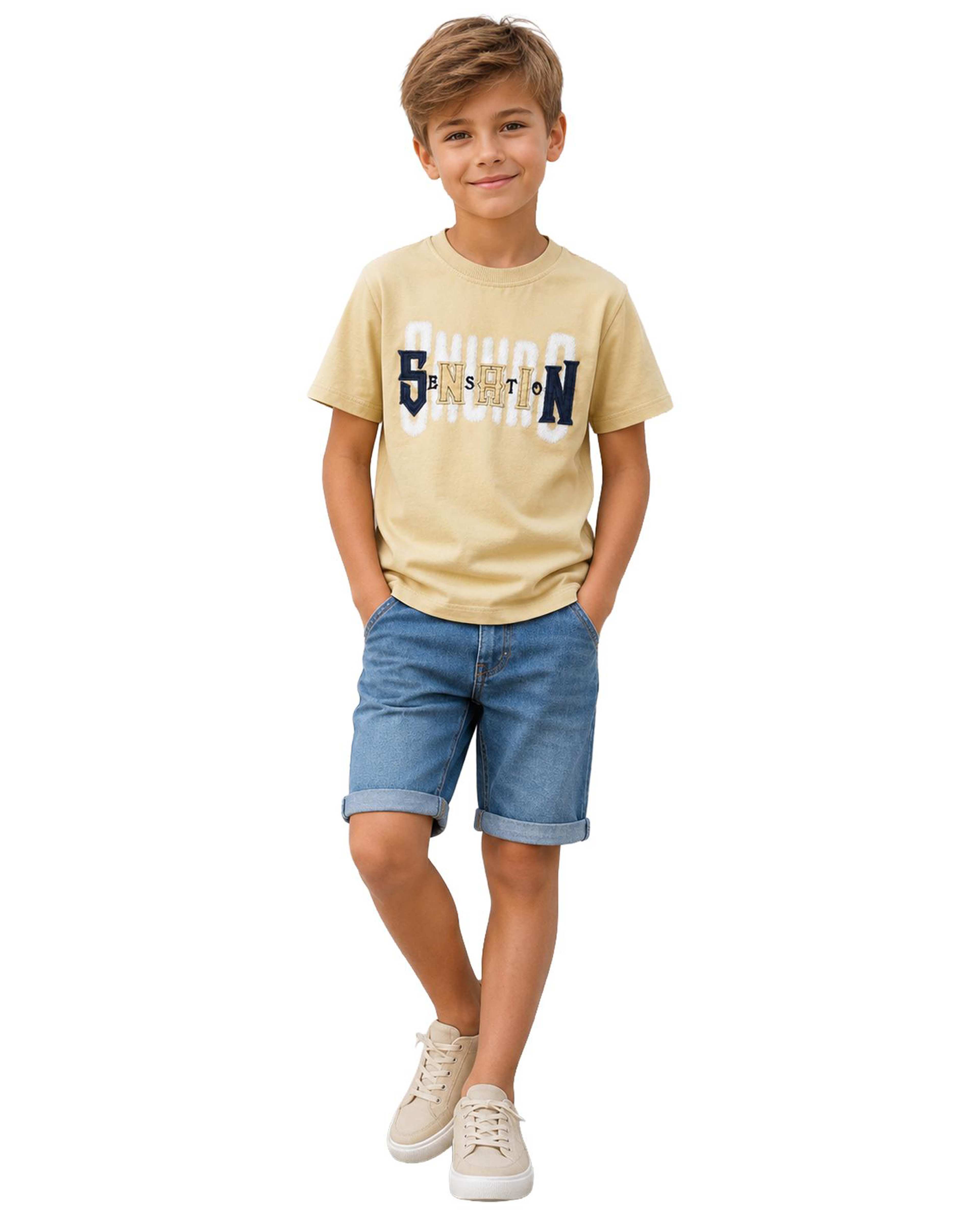 تیشرت پسرانه تکه دوزی خردلی لئو کیدز Leo kids کد 1-5885