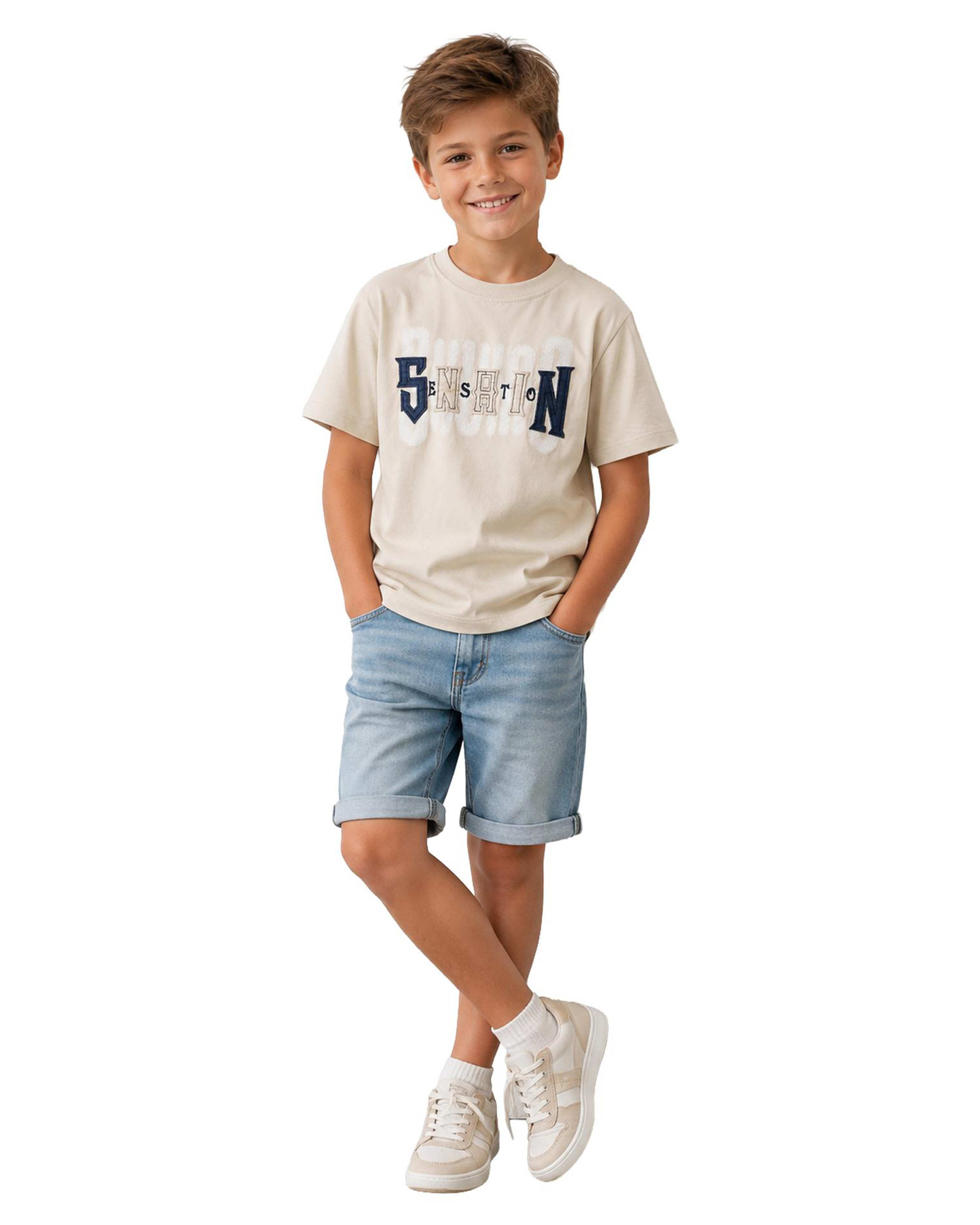 تیشرت پسرانه تکه دوزی کرم لئو کیدز Leo kids کد 2-5885