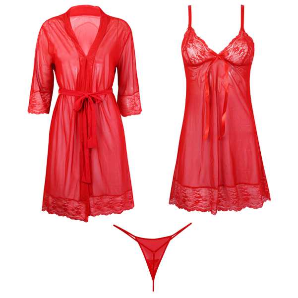 لباس خواب زنانه رونیا مدل 3685-804 رنگ قرمز مجموعه 3 عددی ماییلدا