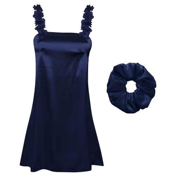 لباس خواب ساتن زنانه لورنزا بغل نردبانی سرمه ای کد 4715-2041 به همراه کش مو ماییلدا