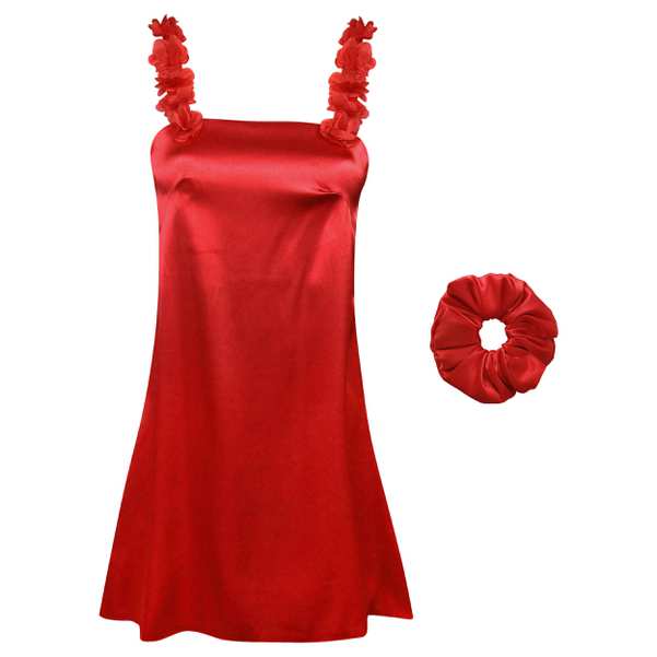 لباس خواب ساتن زنانه لورنزا بغل نردبانی قرمز کد 4715-2005 به همراه کش مو ماییلدا