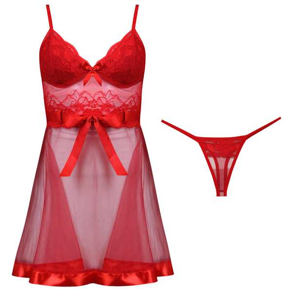 لباس خواب زنانه قرمز مدل گیپور گلدار کد 3685-820 ماییلدا