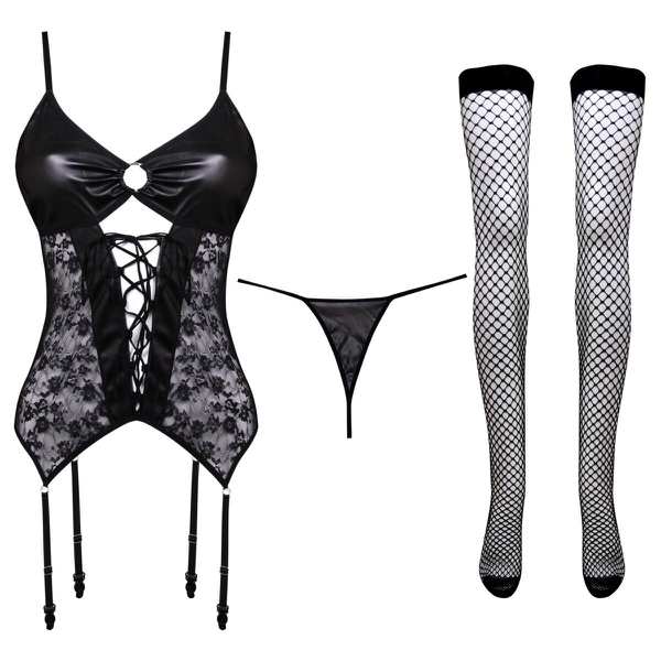 ست فانتزی زنانه چرم به همراه شورت و جوراب مدل 4761-428 رنگ مشکی ماییلدا