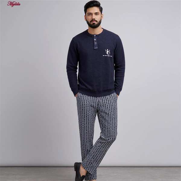 ست بلوز و شلوار مردانه نخ پنبه سرمه ای لین کد 5197-496 ماییلدا - تصویر 10