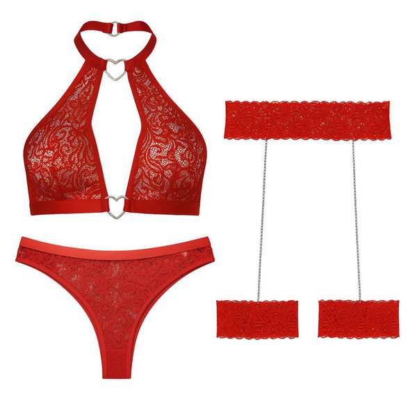 ست شورت و سوتین زنانه مدل گیپوری قلبی کد 5499-2028 به همراه نگهدارنده جوراب ماییلدا