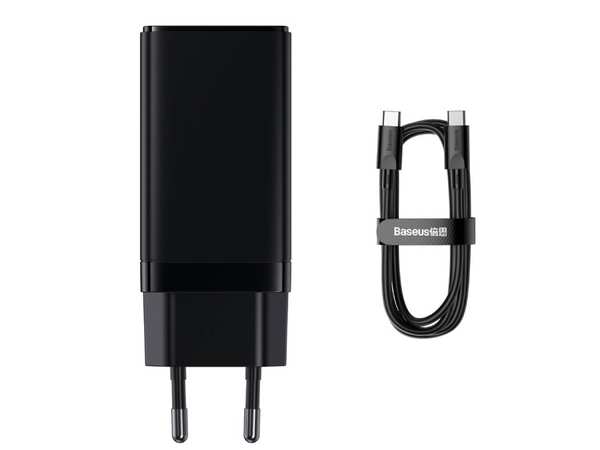 شارژر دیواری فست شارژ دو پورت تایپسی و یک پورت یواسبی + کابل شارژ بیسوس BASEUS GaN3 Pro Fast Charger 2C+U 65W w/USB-C to USB-C cable (CCGP050101)