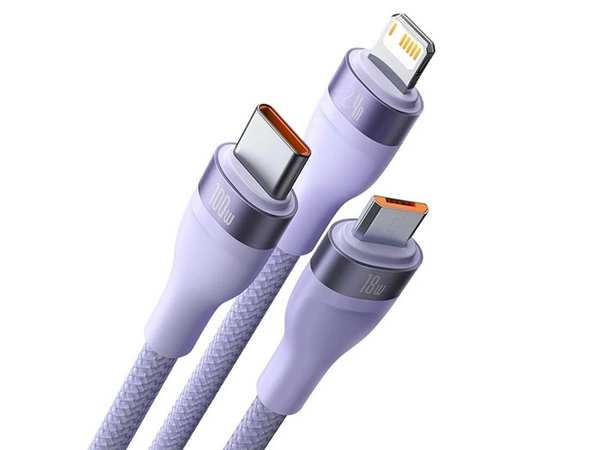 کابل شارژ و دیتا سهسر میکرو، تایپسی و لایتنینگ بیسوس Baseus Flash Series One-for-three Fast Charging Data Cable USB (CASS040001)