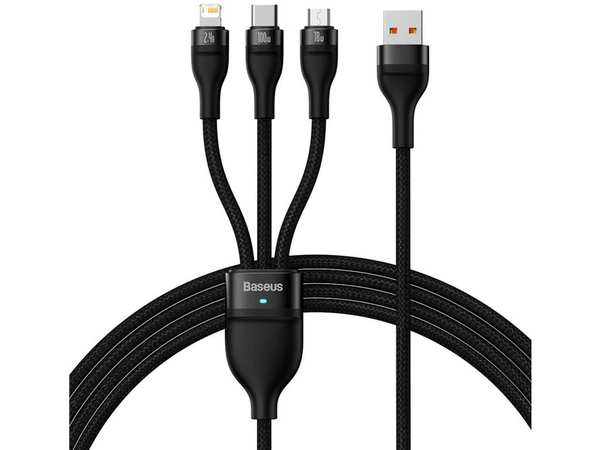 کابل سوپر فست شارژ سه سر یو اس بی به میکرو، تایپ سی و لایتنینگ 1.2 متر بیسوس Baseus Flash Series Ⅱ Cable USB to M+L+C 100W CASS030001