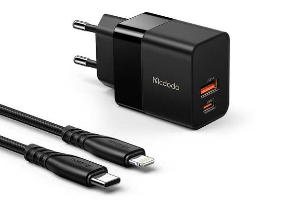 شارژر دیواری 2 پورت 20 وات بههمراه کابل تایپ سی به لایتنینگ مکدودو MCDODO CH-1952 Hydrogen Series 20W Charger + Type-C to Lightning Cable