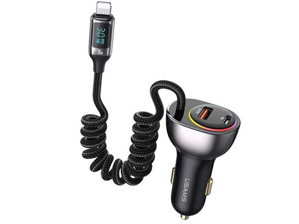 شارژر فندکی فست شارژ ماشین تایپ سی 60 وات دارای کابل لایتنینگ 30 وات یوسامز US-CC193 C37