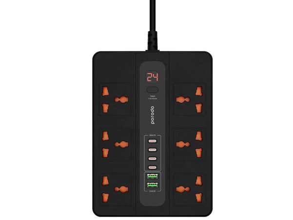 چند راهی برق 6 سوکت 3000 وات، 2 یو اس بی 24 وات و 4 تایپ سی 35 وات 3 متری پورودو Porodo 6AC 2USB-A & 4USB-C PD Multi-Port UK PD-FWCH009-3M-BK