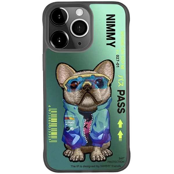 قاب محافظ گوشی آیفون 15 پرو مکس طرح سگ با عینک واقعی و خز گلدوزه شده نیمی YJ027-01