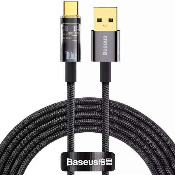 کابل سوپر فست شارژ یواس بی به تایپ سی شفاف 100 وات 2 متری با قطع کن خودکار هوشمند بیسوس CATS000301