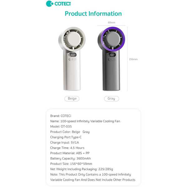 پنکه دستی شارژی 100 سرعته با باد قوی کوتسی OT-035-GY - تصویر 8
