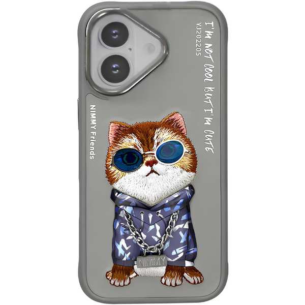 قاب محافظ گوشی آیفون 16 طرح گربه با عینک و زنجیر واقعی و خز گلدوزی شده نیمی YJ202205