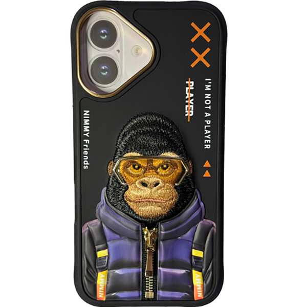 قاب محافظ گوشی آیفون 16 طرح گوریل با عینک و زیپ واقعی نیمی Embroidery