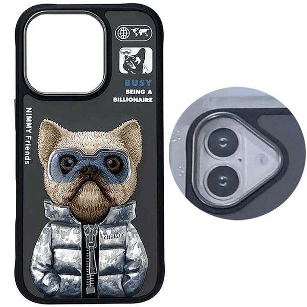 قاب محافظ گوشی آیفون 16 طرح سگ با عینک و زیپ واقعی نیمی Embroidery