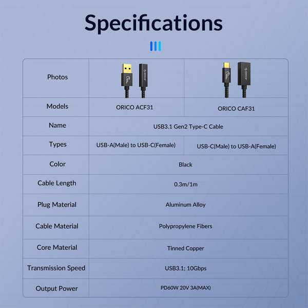 مبدل و کابل شارژ تایپ سی به یو اس بی 3.1 یک متری 3 آمپر اوریکو CAF31-10 - تصویر 10