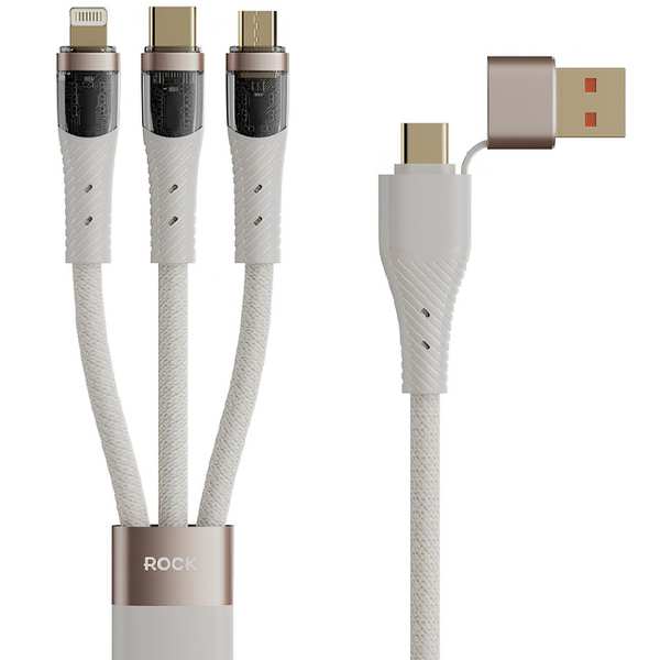 کابل سوپر فست شارژ چند سر تایپ سی و یو اس بی به تایپ سی، لایتنینگ و میکرو 100 وات 1.5 متری راک RCB0860