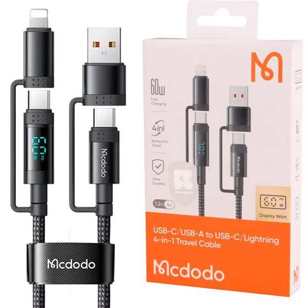 کابل چند کاره دوسر تایپ سی 60 وات، تایپ سی به لایتنینگ 36 وات، یو اس بی تایپ سی 18 وات و یواس بی به لایتنینگ 10 وات 1.2 متری مک دودو CA-199