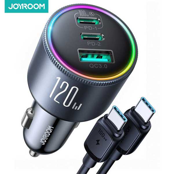 شارژر فندکی سوپر فست شارژ ماشین تایپ سی 120 وات با کابل دو سر تایپ سی جویروم JR-CCN07