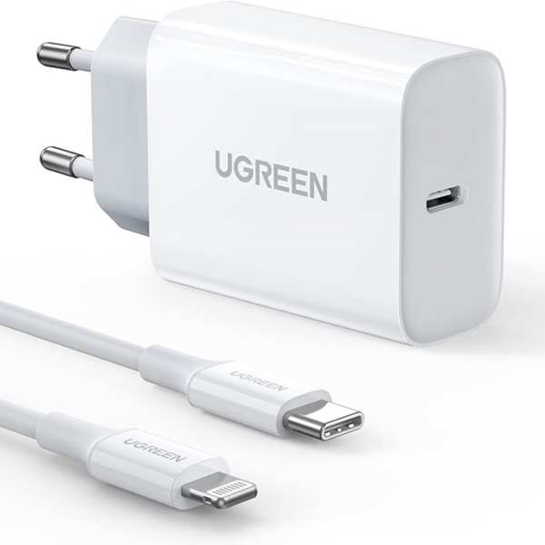 شارژر دیواری تایپ سی 20 وات همراه کابل تایپ سی به لایتنینگ یک متری یوگرین CD137 50698