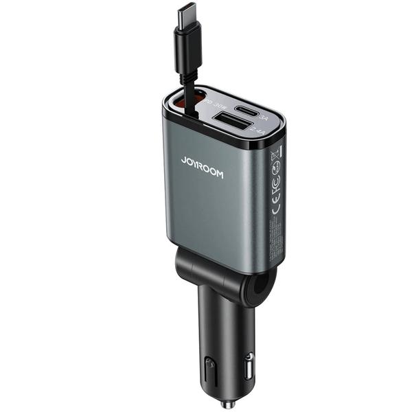 شارژر فندکی فست شارژ ماشین Type-C و یواسبی 30 وات با کابل جمع شونده جویروم JR-CCL07
