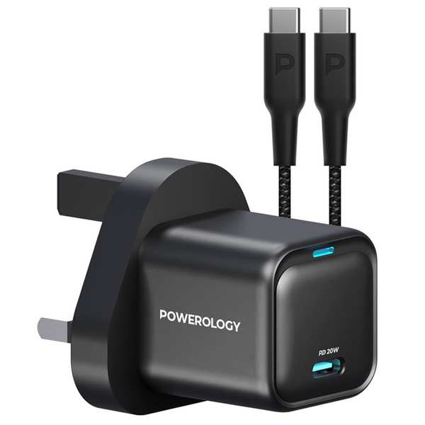 شارژر دیواری فست شارژ تایپ سی 20 وات با کابل دو سر تایپ سی 60 وات پاورولوژی PWCUQC016