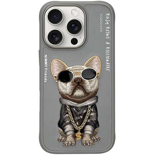 قاب محافظ گوشی آیفون 16 پرو بولداگ با زنجیر و عینک واقعی نیمی 01