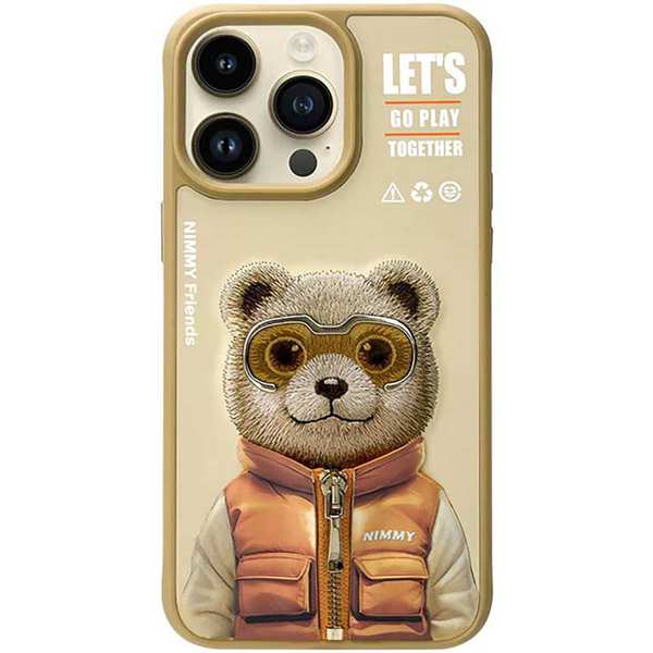 قاب مغناطیسی گوشی آیفون 16پرو طرح خرس با عینک و زیپ واقعی نیمی Embroidery