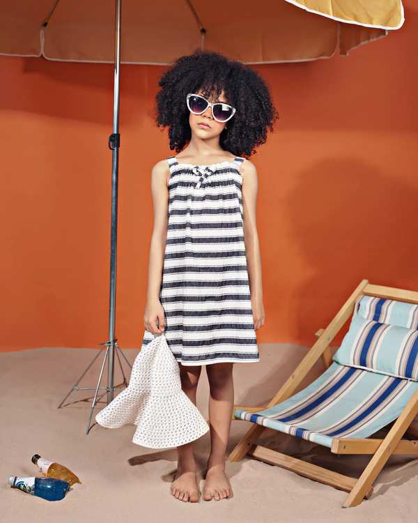 سارافون بندی دخترانه طرح راه راه طوسی بانی نو