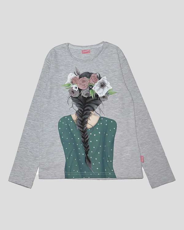 بلوز دخترانه طرح گیسو و گل ملانژ-سبز بانی نو