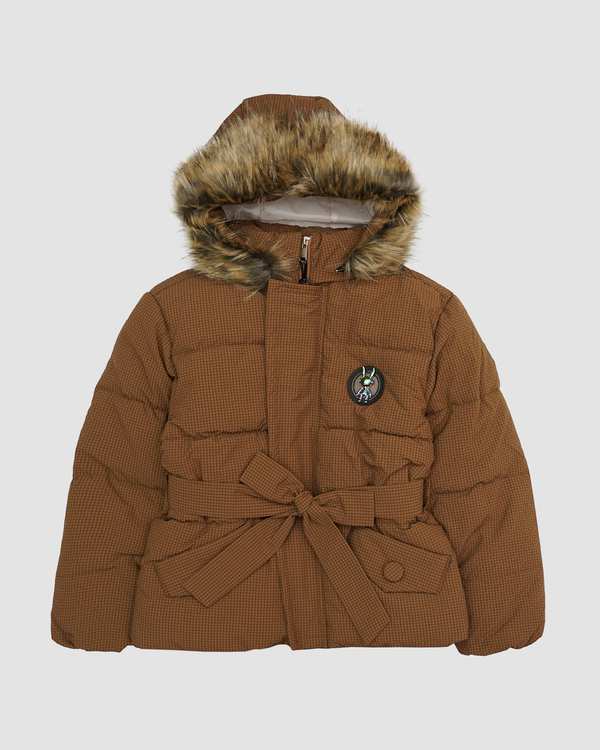 کاپشن دخترانه کلاه خزدار کمربنددار قهوه ای بانی نو