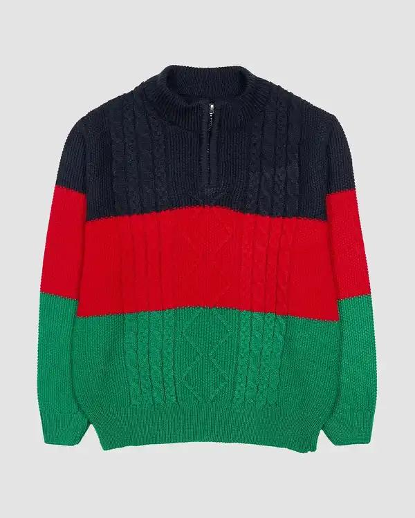 پلیور بافت پسرانه بانی نو طرح راه راه پهن سبز قرمز سورمه ای