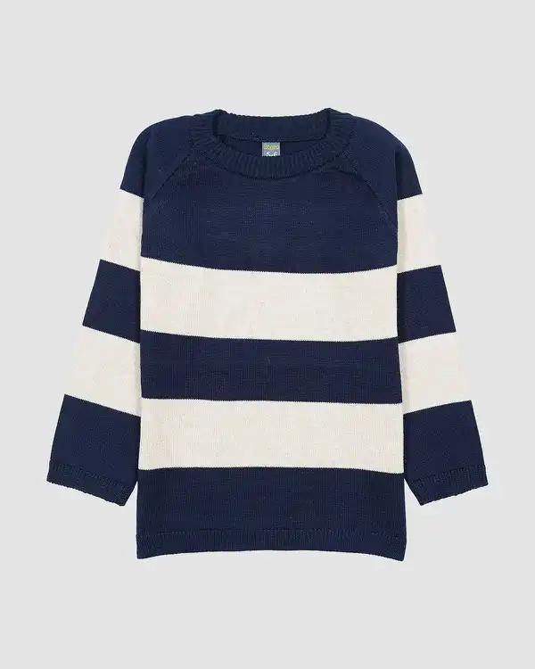 پلیور بافت پسرانه دخترانه بانی نو طرح راه راه پهن ملانژ سرمه ای